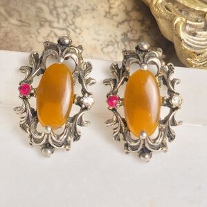 Vintage Silver and Butterscotch Colored Cabachon Clip-On Earrings.